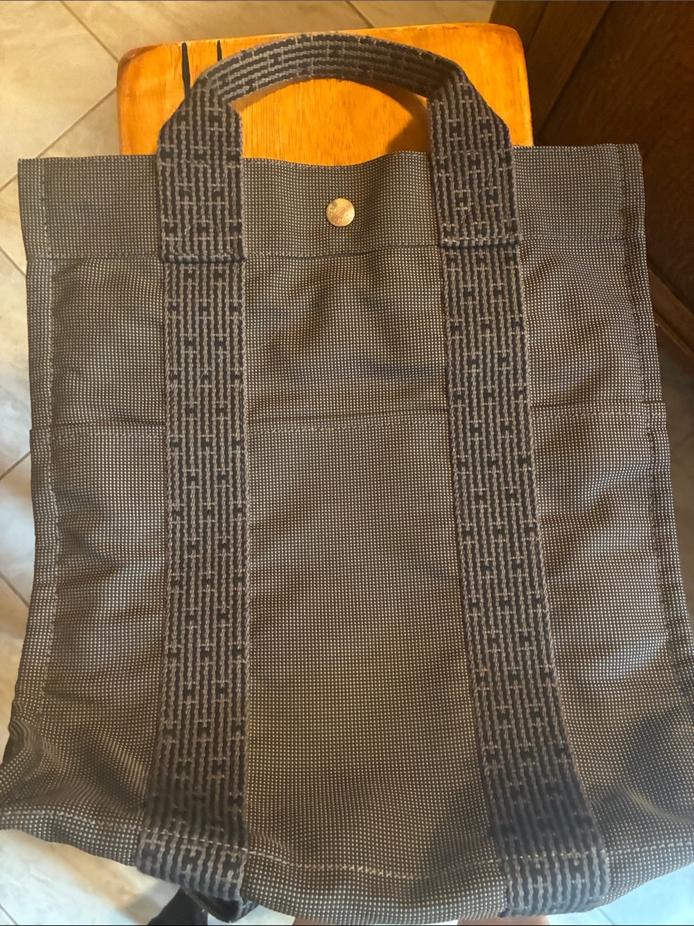Hermes Black Canvas Tote Bag with Woven Strap